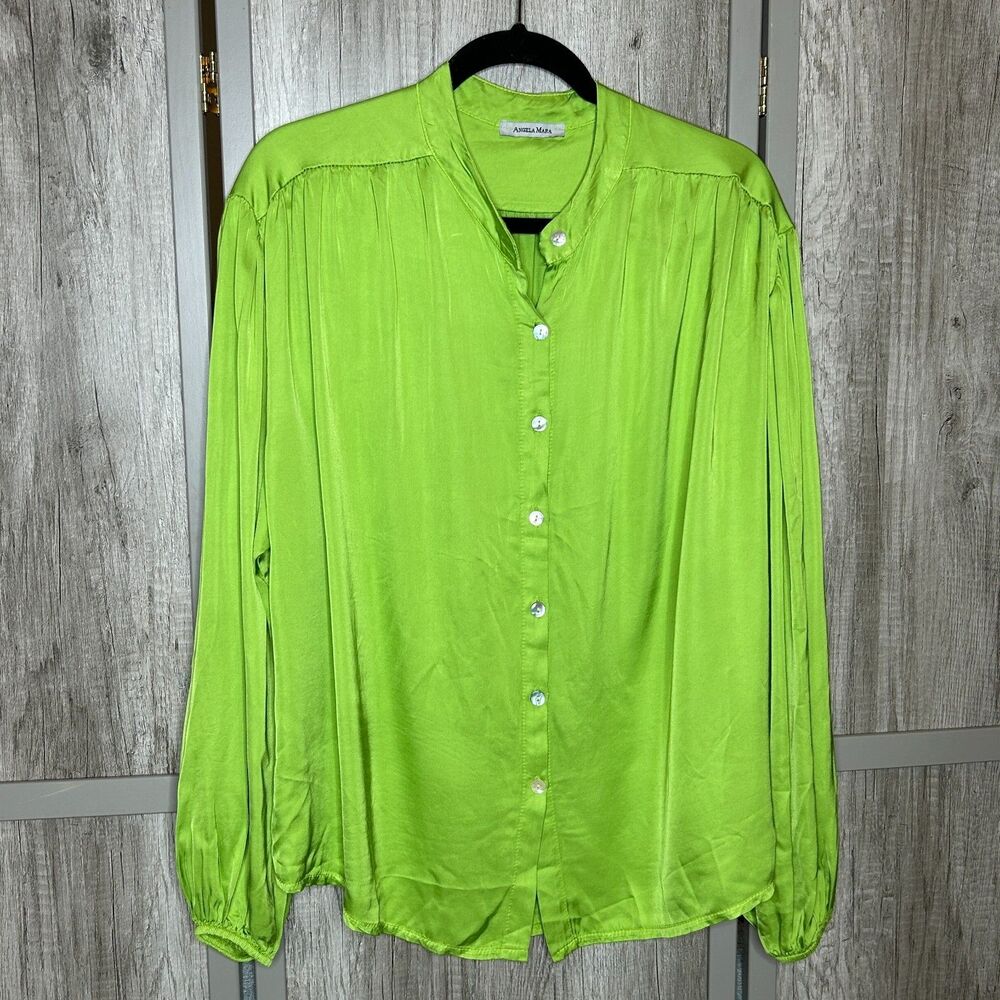 Angela Mara Satin Shirt Womens Large Button Down Long Balloon Sleeve Green Color